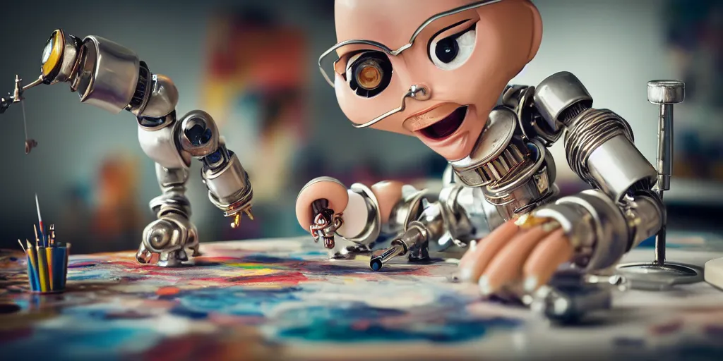 Image similar to closeup portrait of tin toy retro robot painter mixing gouache on white paper table in an artist workshop, depth of field, zeiss lens, detailed, centered, fashion photoshoot, by nicoletta ceccoli, mark ryden, lostfish, breathtaking, 8 k resolution, extremely detailed, beautiful, establishing shot, artistic, hyperrealistic, octane render