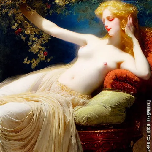 Image similar to blonde beautiful sleeping princess by Franz Xaver Winterhalter and Delphin Enjolras and Rebecca Guay