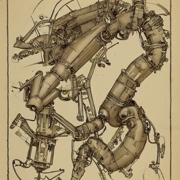 Image similar to detailed, intricate technical drawings on parchment from 1 8 4 0, with labels and notes, for a beautiful, symmetric, art deco robotic arm holding a paintbrush, a pencil, and scissors, by ron cobb and alphonse mucha
