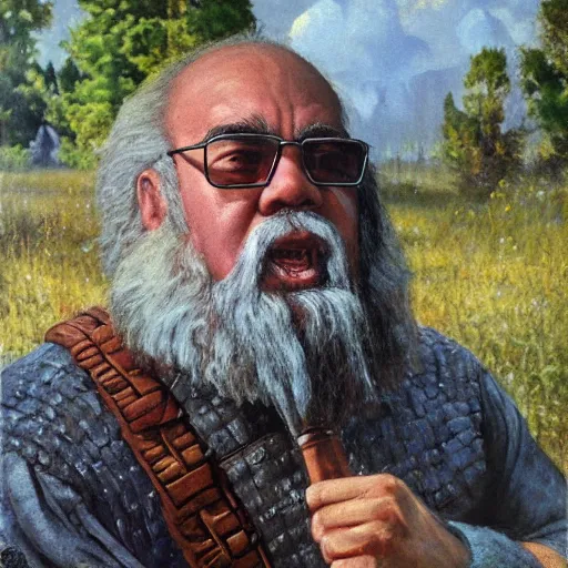 Image similar to Gary Gygax Gary Gygax plays dungeons and dragons in the middle of a field, game dungeons and dragons, Rye (Shishkin), painting by Ivan Shishkin, Ernest Gary Gygax face, photo by Gary Gygax, painting by Valentin Serov, oil painting, hyperrealism, beautiful, high resolution,