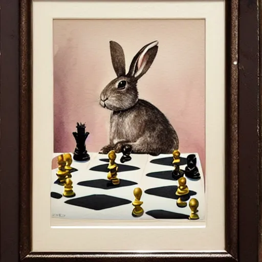 Image similar to a rabbit playing chess, seen from the opponents point of view, watercolour realism