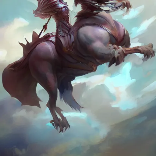 Image similar to Art station concept of a beautiful girl riding a gryphon, symmetrical face, smooth body features, by Stanley Artgerm Lau, WLOP, Rossdraws, James Jean, Andrei Riabovitchev, Marc Simonetti, and Sakimichan, trending on artstation