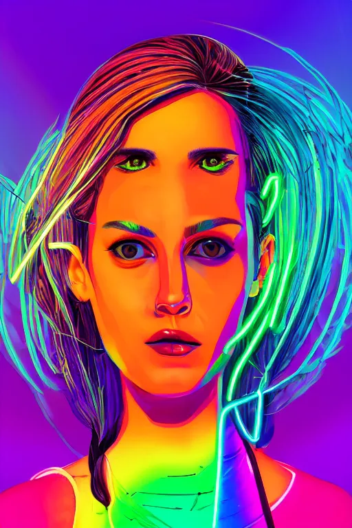 Image similar to a award winning half body portrait of a beautiful woman with stunning eyes in a croptop and cargo pants with rainbow colored ombre hairstyle head in motion and hair flying by thomas danthony, outlined by whirling illuminated neon lines, outrun, vaporware, shaded flat illustration, digital art, trending on artstation, highly detailed, fine detail, intricate