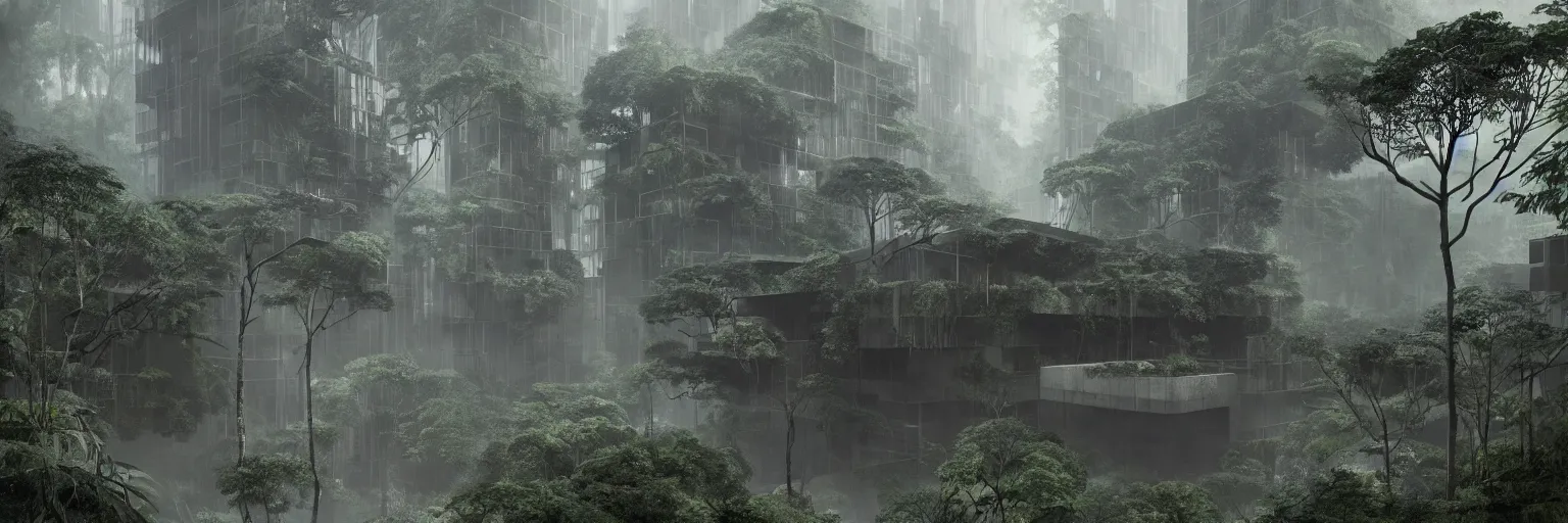 Image similar to brutalist architecture inspired by louis kahn deep in the rainforest. nature is taking over. matte painting in the style of eddie mendoza. mist. cinematic.