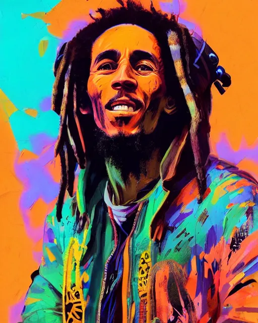 Image similar to detailed full body portrait of Bob Marley, cyberpunk futuristic neon, orange reflective puffy coat, decorated with traditional Japanese ornaments by Ismail inceoglu dragan bibin hans thoma greg rutkowski Alexandros Pyromallis Nekro Rene Maritte Illustrated, Perfect face, fine details, realistic shaded, fine-face, pretty face