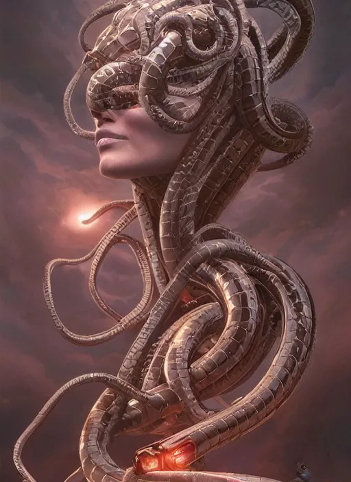 Image similar to Medusa, mechanical snakes of different sizes, detailed face, very detailed, dramatic lighting, electrical details, high details, 4k, 8k, trending on artstation, by Greg Rutkowski, Wayne Barlowe, Hajime Sorayama and Boris Vallejo