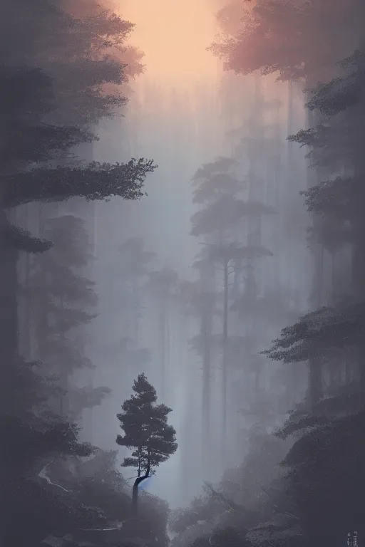 Image similar to Japanese Torii in the center of the picture , torii in a moutain with trees ,night , by Grzegorz Rutkowski, concept art , wide angle