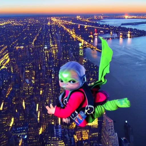 Image similar to baby yoda skydiving onto new York city at night