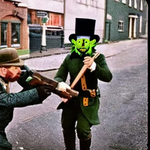 Image similar to leprechaun fighting with the ira, historical photograph, restored, gun, irish, terrorism, colorised, colourised, mask