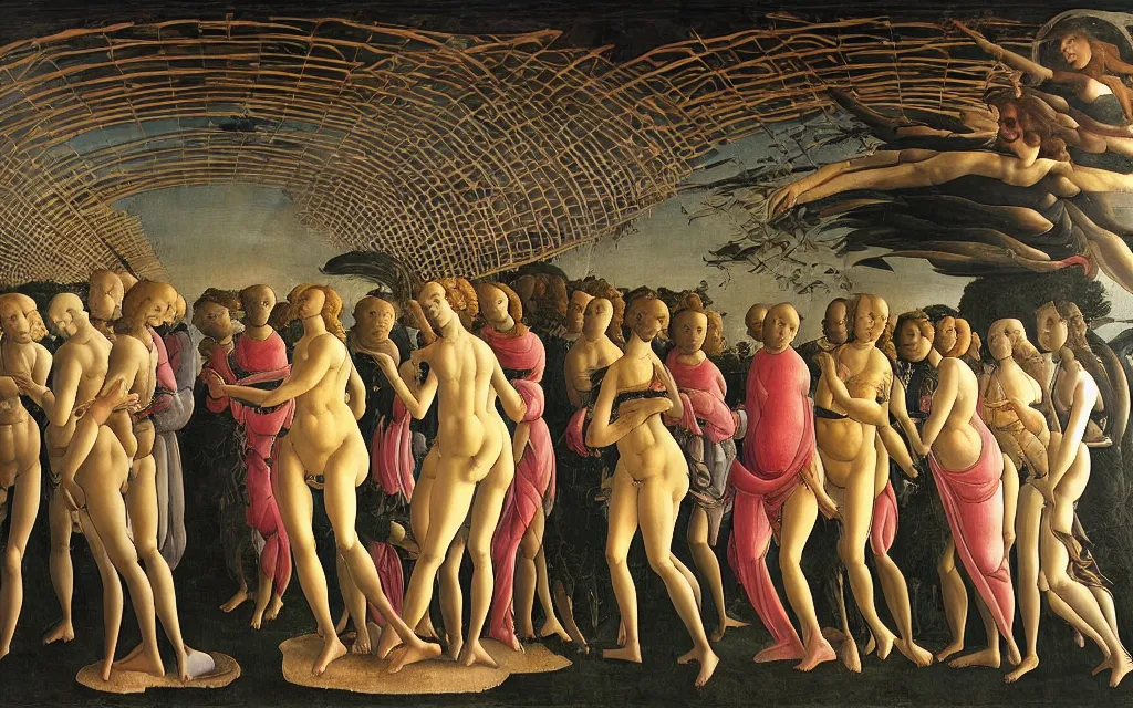 Image similar to sandro botticelli. very soft, delicate light. venus but dancefloor in underground club. in the middle is a little platform, people dancing around it. disco lights. fog. colorful and moody. sun is already rising. detailed brush strokes. 6 am.