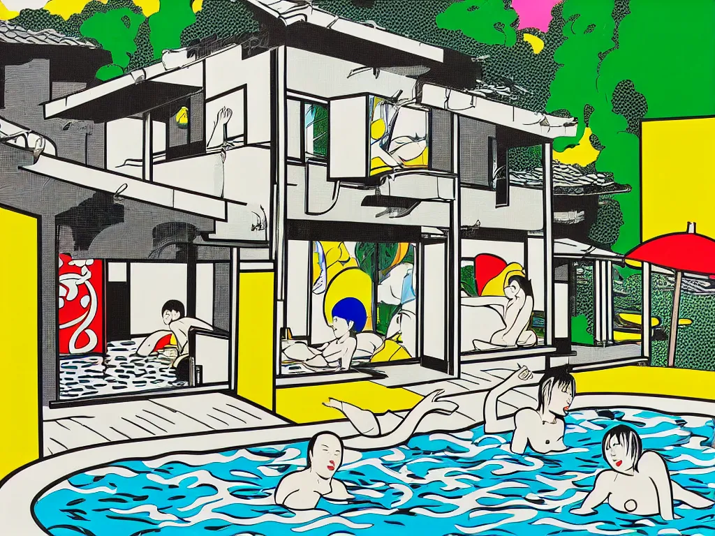 Image similar to hyperrealism composition of the japanese house with a hot springs in the garden, two detailed stormtroopers bathe in a hot spring, pop - art style, jacky tsai style, andy warhol style, roy lichtenstein style, round canvas, acrylic on canvas