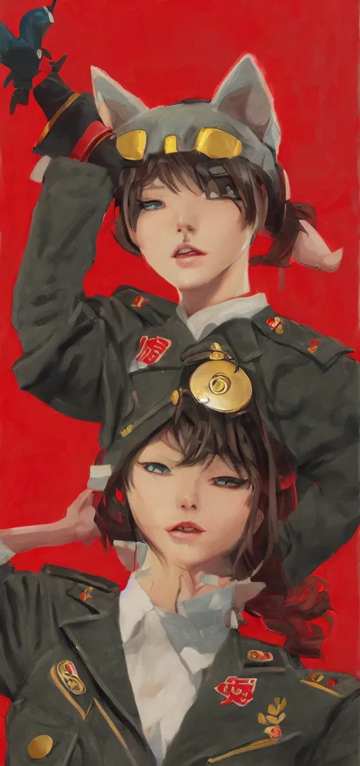 Image similar to oil paining of twentytwo year old female character with ( ( ( cat ears ) ) ) wearing soviet era uniform, wearing a tshirt with a face of karl marx on it, in the style of krenz cushart