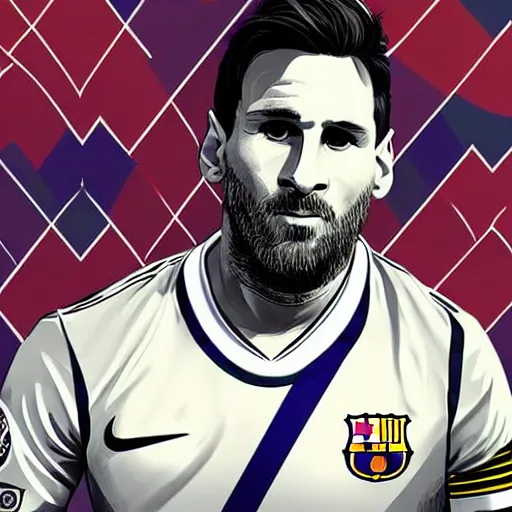 Image similar to Lionel Messi in a GTA V loading screen, cover art, posing solo, symmetrical face, in the style of Stephen Bliss, trending on artstation