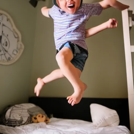 Prompt: little cute boy jumping on his bed, storybook style