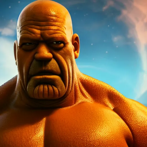 Image similar to CG Homer Simpson as Thanos, cinematic, 4K