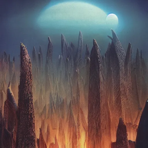 Image similar to future forest city attacked, trees, plant, broken buildings, doom of the gods, monster, gravity mess, star trek, glory war, photograph, by arthur haas and bruce pennington and john schoenherr, cinematic matte painting, zaha hadid building, photo realism, dark moody color palate, blue hour stars, desolate glacial landscape,