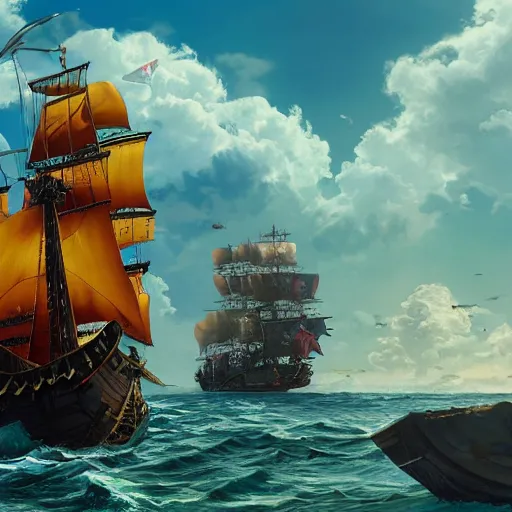 Image similar to A Wide Shot artistic masterpiece of a giant pirate ship, sun, clouds, ocean, 4k, ultra detailed, artstation