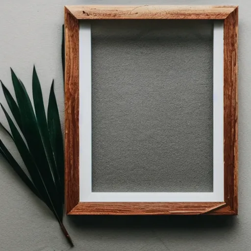 Image similar to minimalist mockup photo of large blank frame on floor with light wooden moulding, white background wall, boho carpet, one light potted plant, trending on etsy
