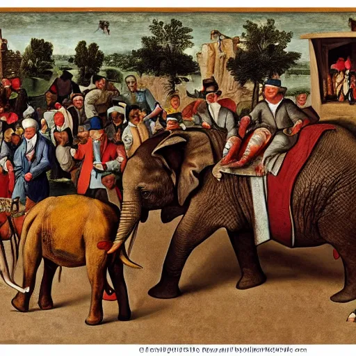 Image similar to a group of politicians partying in dc one riding an elephant money everywhere some smoking cigars, in the style of bruegel