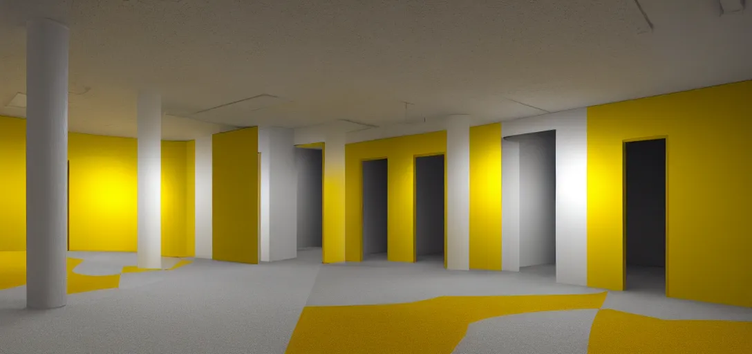 Prompt: backrooms office place yellow walls carpet floor led lights with nobody, bright, 8 k photorealistic, hd, high details, trending on artstation