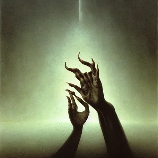 Prompt: human hand and arm reaching out of thick fog, zdzislaw beksinski