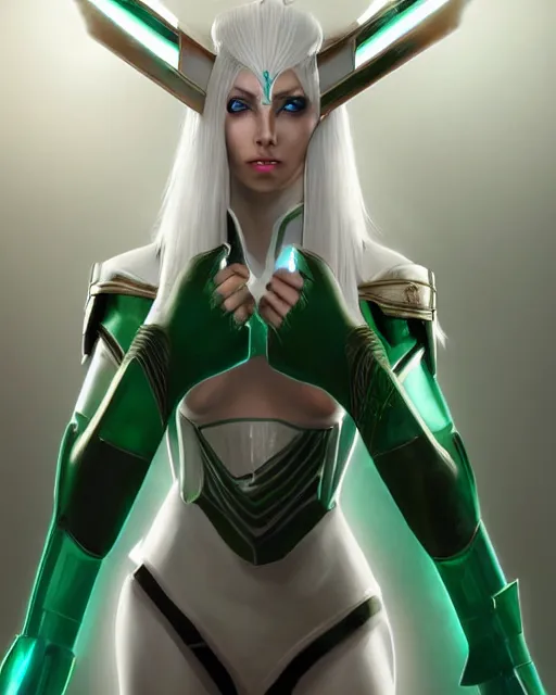 Image similar to perfect white haired attractive egyptian goddess, warframe armor, beautiful, symmetric, dreamy, half asian, pretty face, green eyes, charlize theron, detailed, scifi platform, laboratory, experiment, 4 k, ultra realistic, epic lighting, android body, illuminated, cinematic, masterpiece, art by akihito tsukushi, voidstar