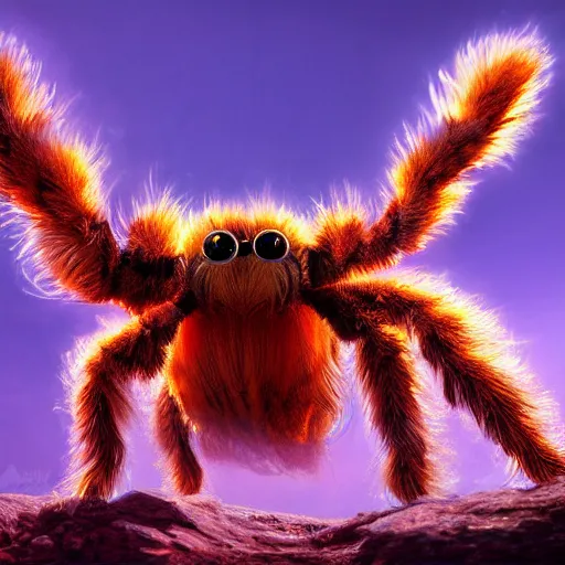 Prompt: colossal fluffy tarantula, golden hour, fantasy, vivid colors, sharp focus, digital art, hyper - realistic, 4 k, unreal engine, highly detailed, hd, dramatic lighting by brom, trending on artstation