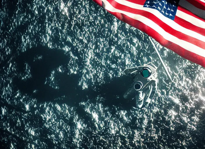 Prompt: astronaut underwater putting a flag in the sand of the bottom of the ocean. the only source of light is a submarine in the distance. dark, concept art, cinematic, dramatic, atmospheric, 8 k, trending on artstation, low visibility, zack snyder