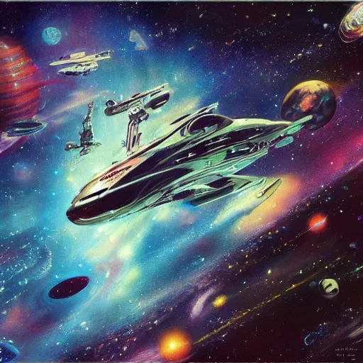 Image similar to A beautiful space ship roaming through the cosmos many pods in the style of John Berkey high definition 4K