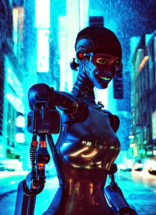 Image similar to cyberpunk,sci-fi, fantasy,Kodak Portra 400, 8K, soft light, volumetric lighting, highly detailed photo of a beautiful cyborg robot woman in a street of new york + face,night, fog, cyan lighting, intricate, elegant, highly detailed, digital painting, artstation, concept art, smooth, sharp focus, illustration,art by artgerm and greg rutkowski and alphonse mucha , sigma art 85mm F1.8