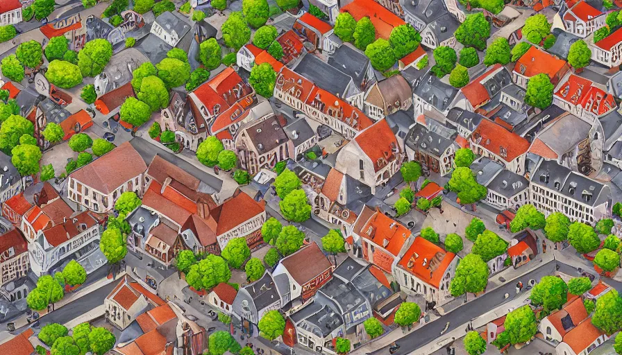 Image similar to dutch townscape, top - down isometric view, painting