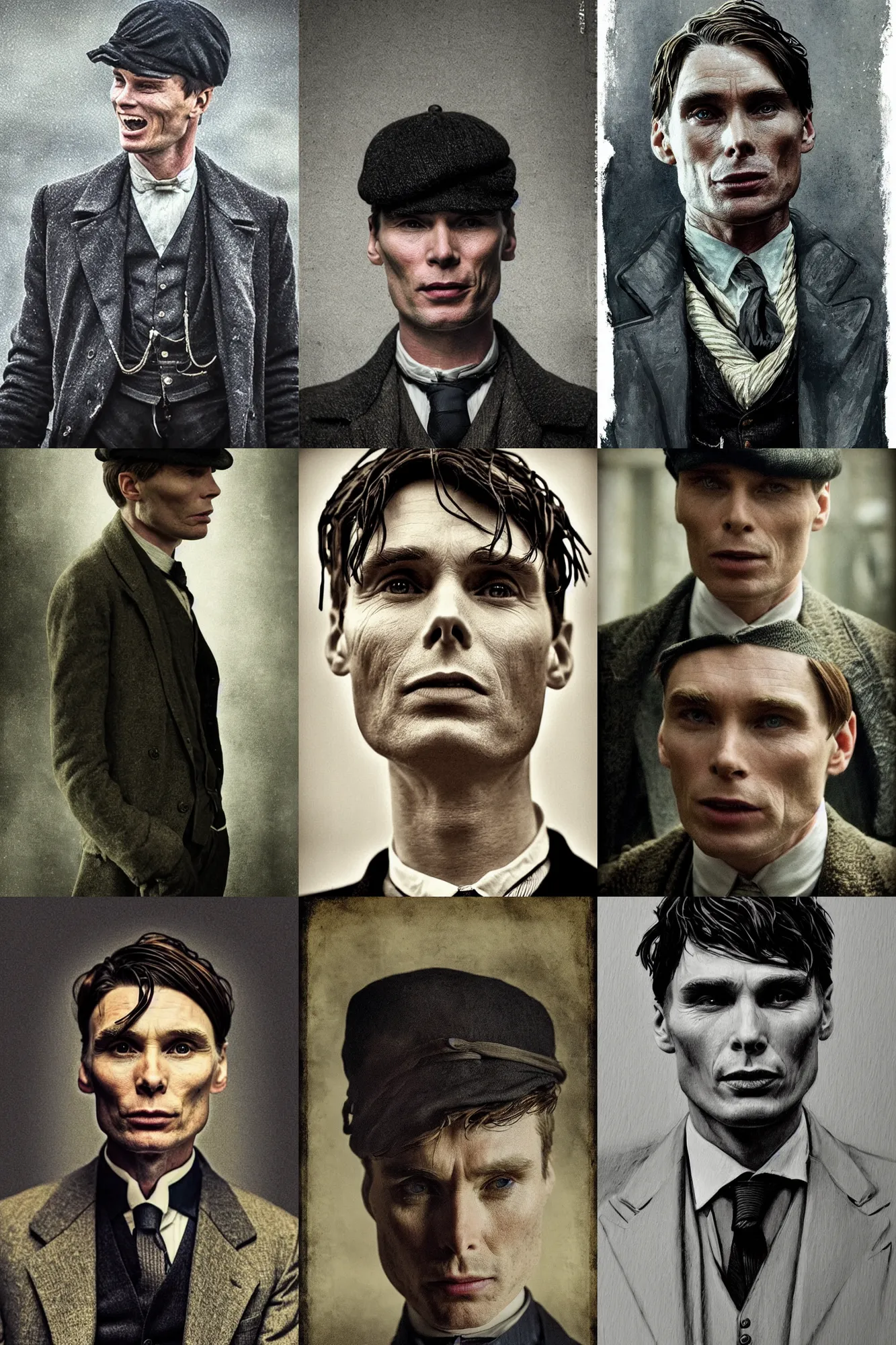 Prompt: portrait satisfied Cillian Murphy in Peaky Blinders satisfaction, laughing beautiful face, Perfect detailed face, front view dramatic, gloomy, dark, bleak, cheerless, desolate, impressive, tragic, cinematic dull colours, dark colour scheme, atmospheric by Christopher Nolan