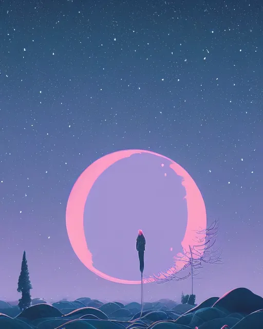 Image similar to beautiful painting of a serene moon at night, art by mike winkelmann, sky night, illustration, highly detailed, simple, smooth and clean vector curves, no jagged lines, vector art, smooth, artstation