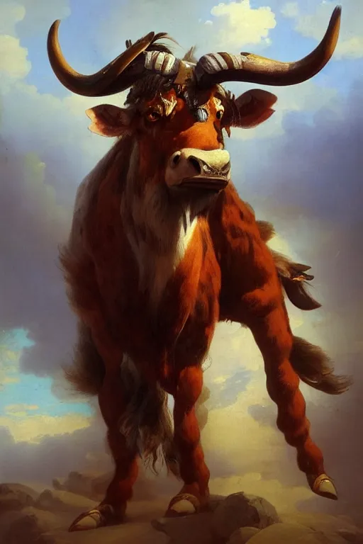 Image similar to oil painting of a tauren, in style of ivan aivazovsky, expressive face, detailed face, detailed eyes, full body, feminine face, tracer overwatch,