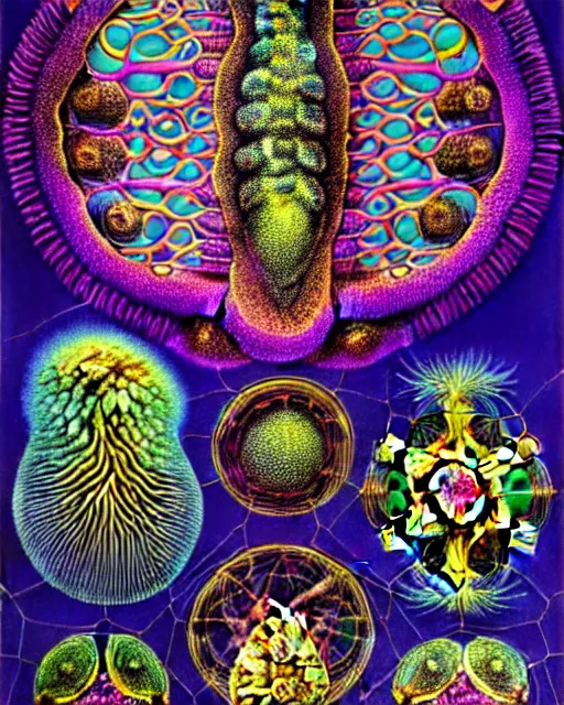 Image similar to poster of coronavirus, close up details, intrinsic, drawn by Ernst Haeckel, psychedelic colorful, beeple rendering, written by HP Lovecraft