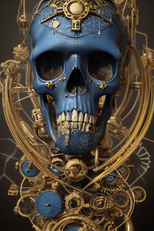 Image similar to conceptart 3 d render ultra detailed of a skull, intricate art deco and steam punk gears details inside, hyperrealistic, volumetric lighting, ultra detailed, elegant, octane render, blue and gold, 8 k, trending on artstation, unreal engine