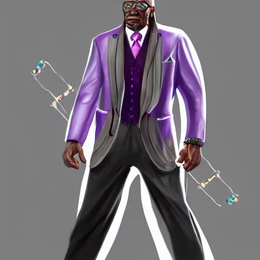 Prompt: a portrait of a muscular older black man with cornrows and a purple suit with a monocle on, D&D, sci-fi, elegant, hopeful, muscular, highly detailed, digital painting, artstation, concept art, smooth, sharp focus, illustration