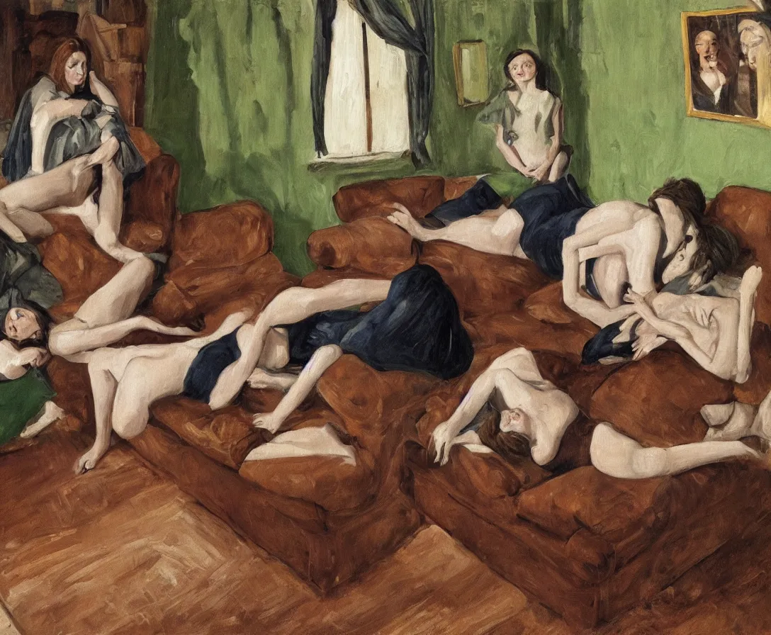 Image similar to portrait of bella and esther lying horizontal, in an old english apartment on a brown leather sofa. one is wearing a dark blue sweather, the other a white shirt. brown hair, they are looking into the camera. wide shot. in the style of lucien freud. oil painting. green mood. isometric perspective