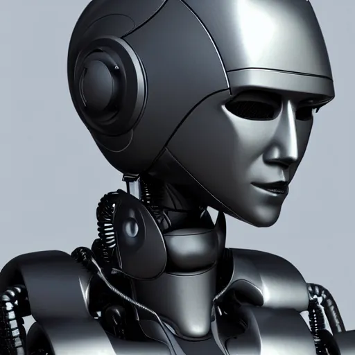 Image similar to an amazing robot-helmet, robotic head-bust portrait, of a sci-fi, human robot hybrid with weaponized systems built into the 3d helmet, cgi, zbrush, blender, octane render