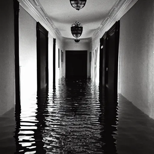 Prompt: a hallway that was built in 1 9 0 1 flooding with musty water, phone camera flash, grainy footage, liminal space, dark, eerie,