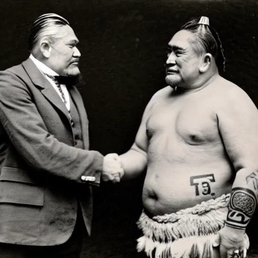 Prompt: a tattooed maori dignitary shakes hands with a 2 0 th century english caucasian industrialist, colorized 1 9 0 4 photo, kodak camera, historical event, credit the national archives of the united kingdom