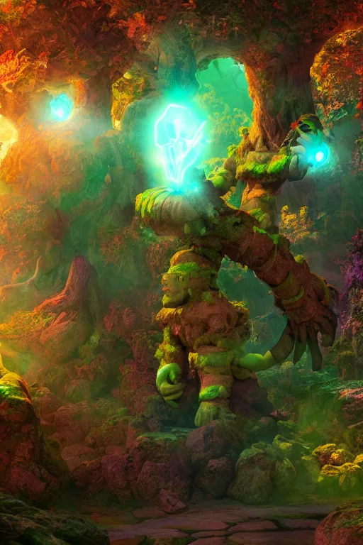 Image similar to arcane fantasy art giant golem elemental wood rock bastion forged gemstone enchanted forest troll, global illumination ray tracing hdr fanart arstation by sung choi and eric pfeiffer and gabriel garza and casper konefal lisa frank zbrush central hardmesh radiating a glowing aura