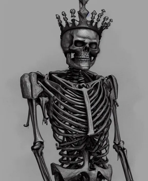 Image similar to a charcoal sketch of a cybernetically enhanced skeleton with a crown on his head, 4 k resolution, detailed, unreal engine, octane render, trending on artstation