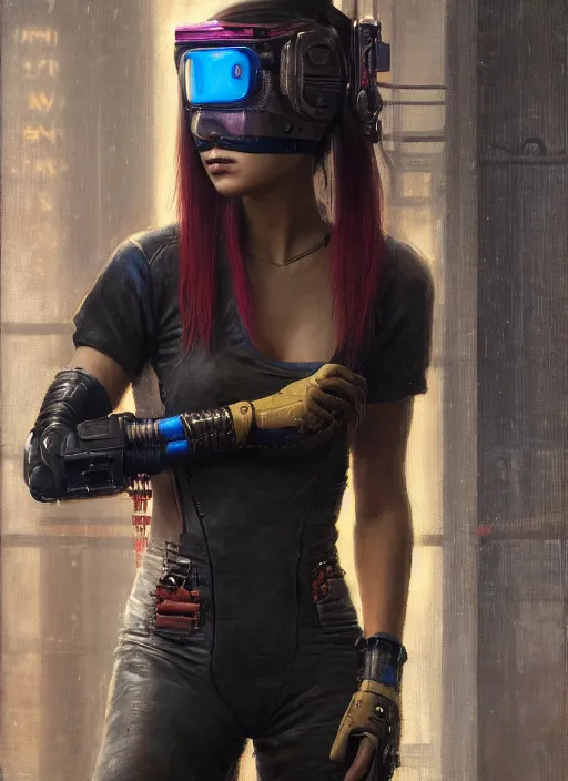 Image similar to Nikki Tanaka. Cyberpunk mechanic in jumpsuit (blade runner 2049, cyberpunk 2077). Orientalist portrait by john william waterhouse and James Gurney and Theodore Ralli and Nasreddine Dinet, oil on canvas. Cinematic, hyper realism, realistic proportions, dramatic lighting, high detail 4k