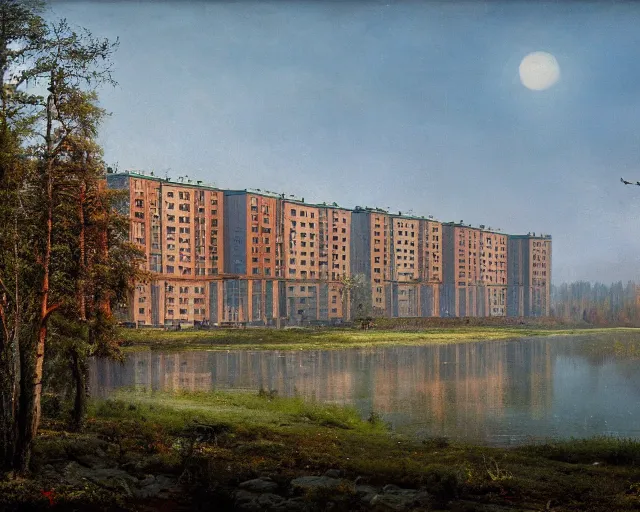 Image similar to beautiful matte painting of cute soviet block of flats hrushevka in end of forest by ivan shishkin, artstation, cinestill