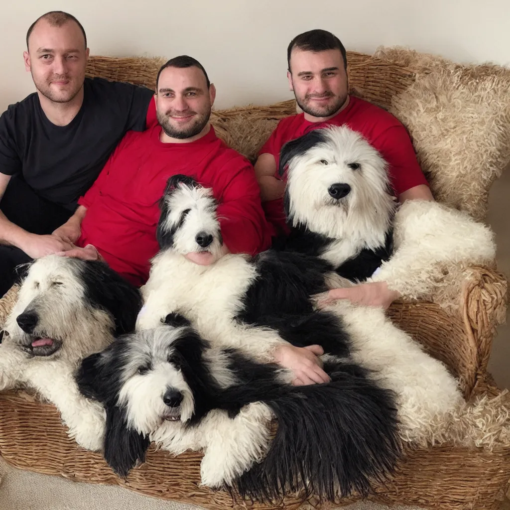 Prompt: Photo of a 30 year old man with short black hair and a red shirt sitting on a couch, with an Old English Sheepdog sitting next to him in a basket