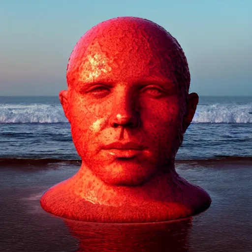 Prompt: a giant human head sculpture in the sea made out of eatable red jelly, in the style of chad knight, long shot, hyper detailed, hyper realistic, ray tracing, 8 k resolution, sharp focus, realistic water, award winning