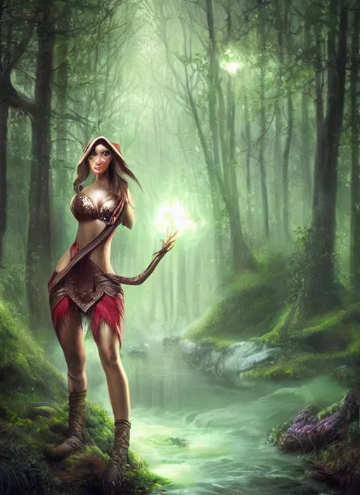 Image similar to A hyperrealistic fantasy portrait painting of a female elf with curvy body in a lush dark atmospheric lightning forest, DAZ, hyperrealistic, ambient light, dynamic light