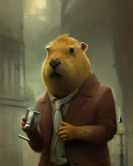 Prompt: oil painting of anthropomorphized capybara holding a smoking pipe, detective clothes, close shot, full body, old london raining background, sharp focus, fantasy style, octane render, volumetric lighting, 8k high definition, by greg rutkowski, highly detailed, trending on art Station, dungeons and dragons artwork, centered