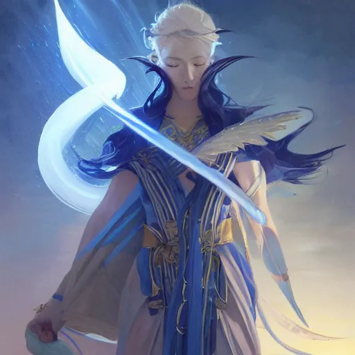 Prompt: japanese lightning goddess, d & d, blue and white color palette, highly detailed, digital painting, artstation, concept art, sharp focus, illustration, cinematic lighting, art by artgerm and greg rutkowski and alphonse mucha